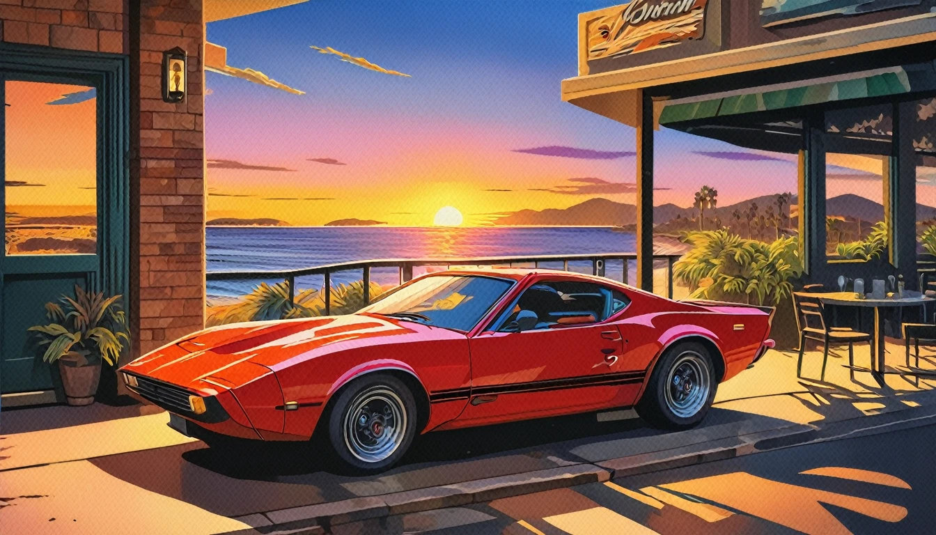 Historical masterpieces,Sunset in California, USA,A picture of a red sports car parked in front of a restaurant, Beautiful artwork, OutRun art style, Beautiful digital art, Great art style, Retro style, Landscape Background,, Highly detailed digital painting,Watercolor style, super Realistic painting style, Detailed 4K painting, Realistic painting style, Awesome Wallpapers