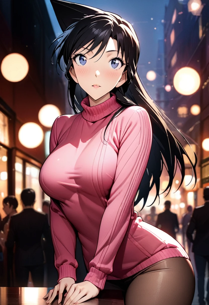 breathtaking mature beauty,intellectual and elegant,luminous pink sweater,black hair,(best quality,masterpiece:1.2),full-length shot,perfect figure,ultra-clear,exquisite facial features,ultra-detailed,bokeh