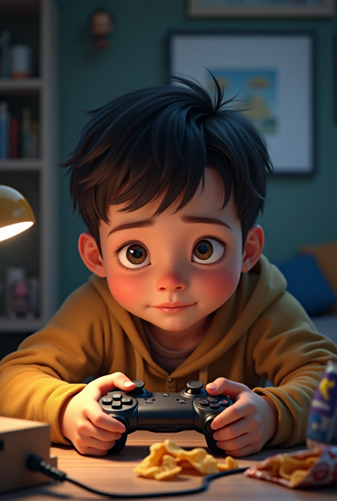 Make a 12 year old boy with thin arms and a chubby face, playing video games and eating snacks. He has bangs on his forehead and has dark brown hair.