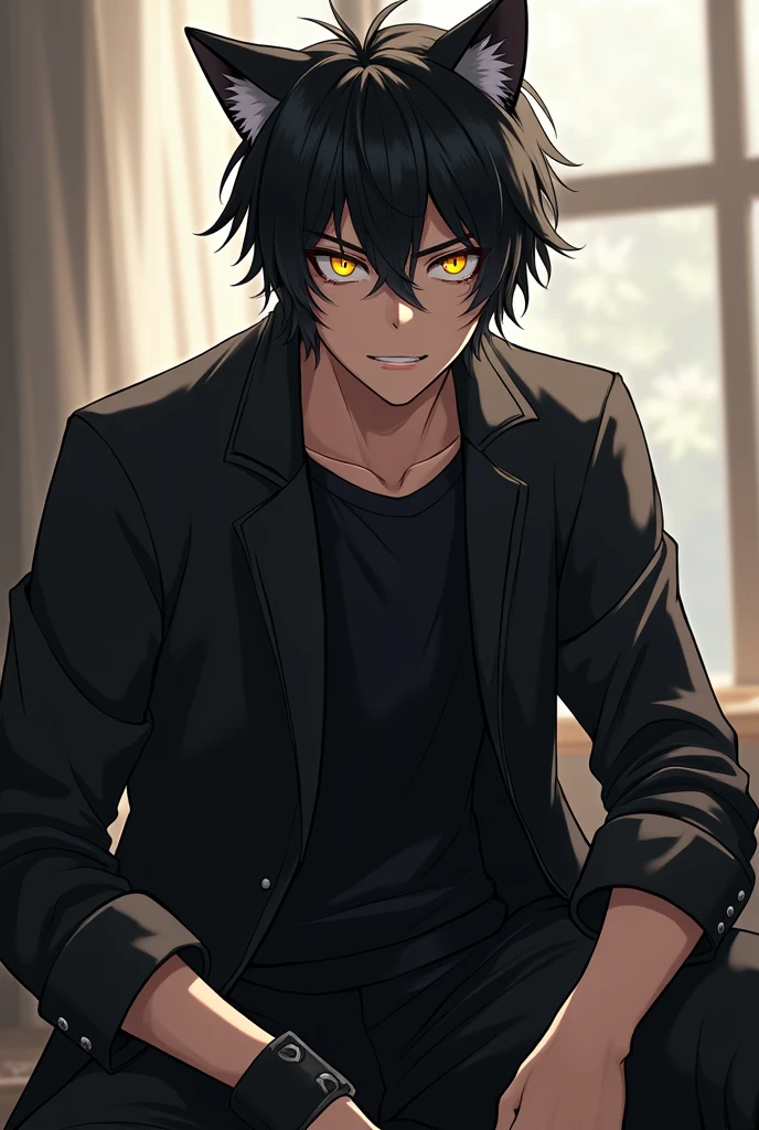 (4K Works))、masterpiece、(Highest quality)、male、((juvenile))、((Cat ear))、((man with cat ears))、クールなmale、((Glaring expression))、((Strong Eyes))、((Cool fashion in black))、((Long sleeve and long pants style))、((Makes your face smaller))、The body is slim、((Black short hair))、((Yellow Eyes))、((Solo Photo))、Professional photos、((10 poses and facial expressions))