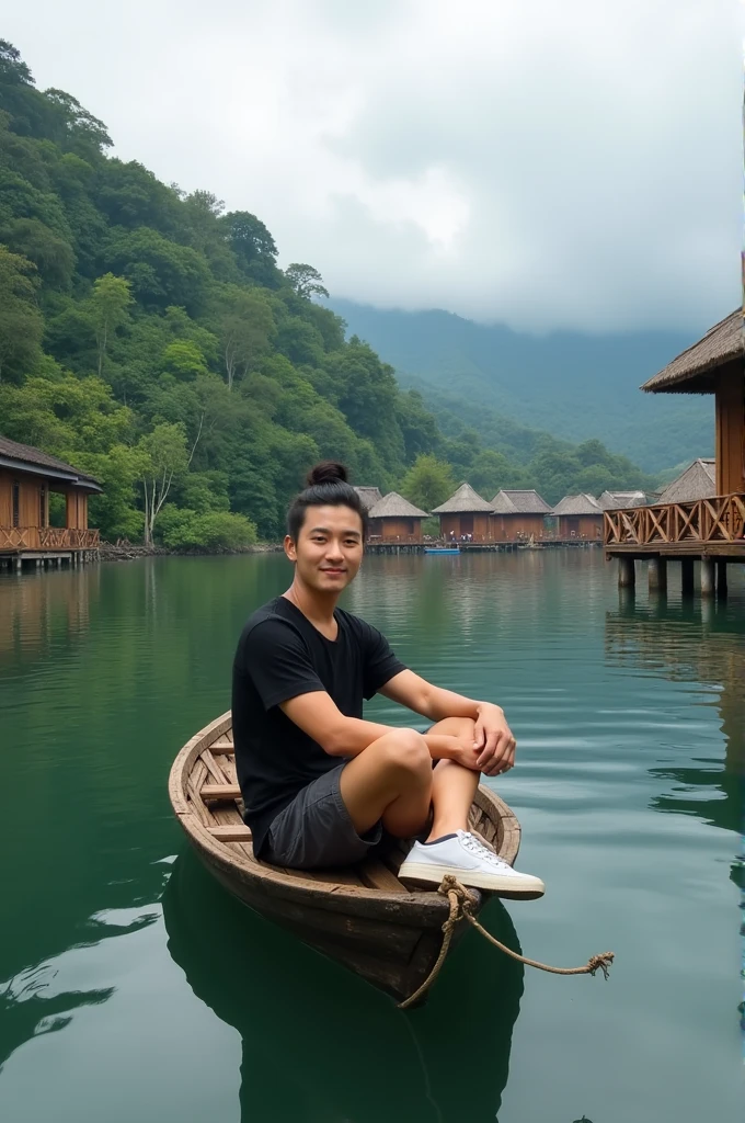 Wide shot of A Korean man with man bun hair, wearing black t-shirt, shorts, sneakers, sitting on a wooden boat in the middle of a calm lake. in the
distance there are several small wooden huts with thatched roofs, the walls and floors are made of unique triangular shaped teak planks and there are teak plank stairs with a plank platform and a traditional feel with verandas reflected in the calm water, surrounded by lush greenery and tall trees towering under a cloudy sky, this place is known as "Dusun Bambu Lembang" Bandung Indonesia. The atmosphere is calm and beautiful, smiling at the camera
