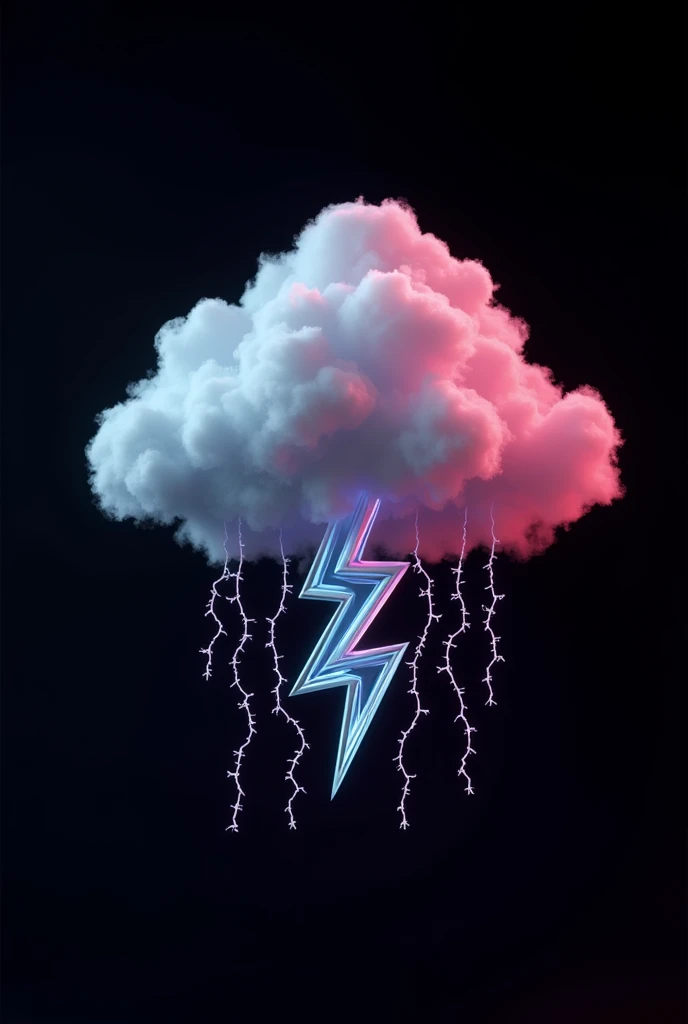 Create a chromatic 3D cloud with chrome lightning bolts and barbed wires. The background must be completely black