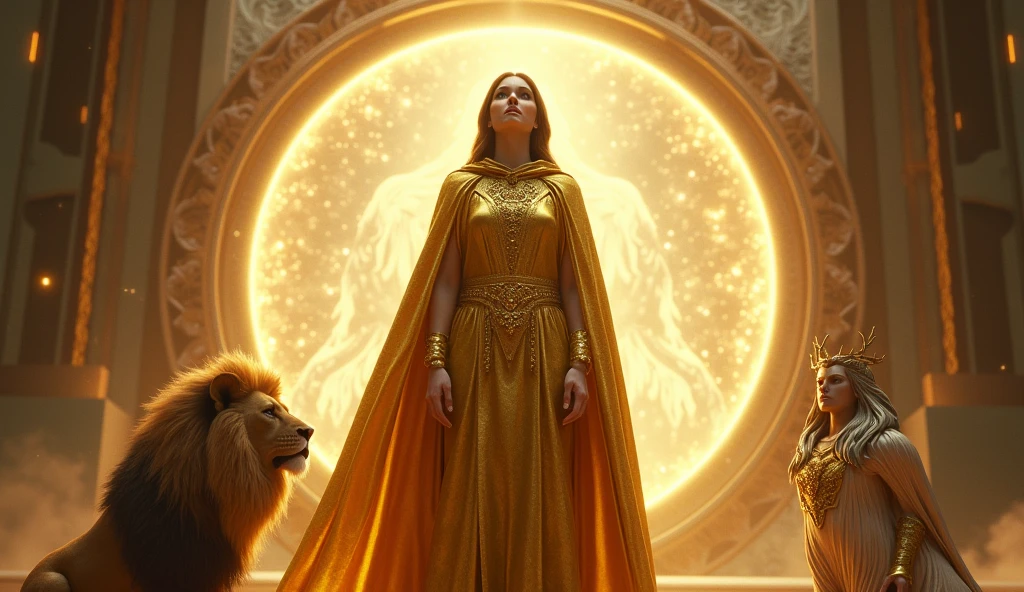 ultra realistic woman with GOLD priestess cape, facing a portal with a majestic lion and the goddess themis of justice, convey depth