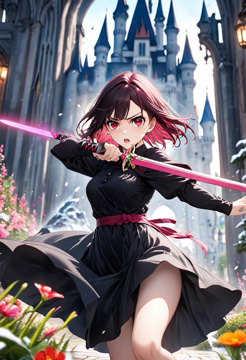 a girl in a black long dress, fighting with a pink sword, detailed thighs, one red eye, background with flowers, ice, and a dark castle, anxious expression, anger, one leg raised, attacking, best quality, 4k, 8k, highres, masterpiece:1.2, ultra-detailed, realistic, photorealistic, photo-realistic:1.37, HDR, UHD, studio lighting, ultra-fine painting, sharp focus, physically-based rendering, extreme detail description, professional, vivid colors, bokeh, concept art