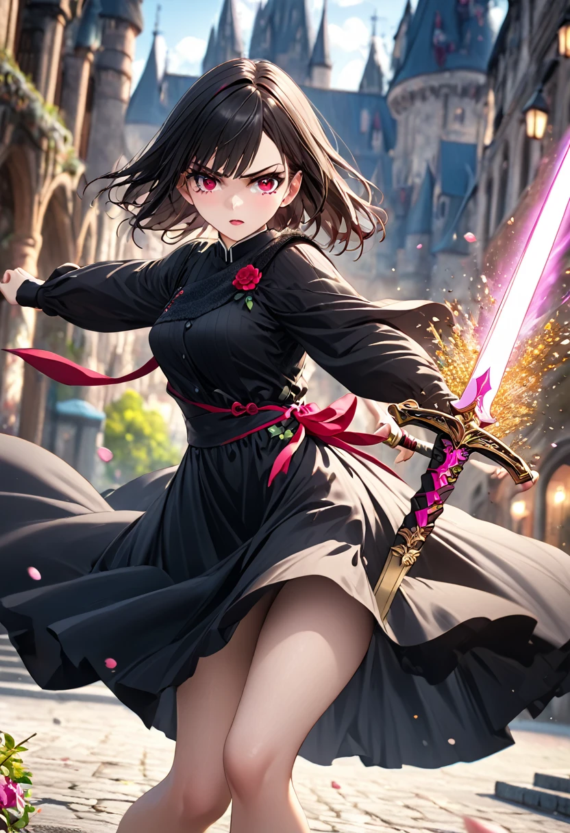 a girl in a black long dress, fighting with a pink sword, detailed thighs, one red eye, background with flowers, ice, and a dark castle, anxious expression, anger, one leg raised, attacking, best quality, 4k, 8k, highres, masterpiece:1.2, ultra-detailed, realistic, photorealistic, photo-realistic:1.37, HDR, UHD, studio lighting, ultra-fine painting, sharp focus, physically-based rendering, extreme detail description, professional, vivid colors, bokeh, concept art