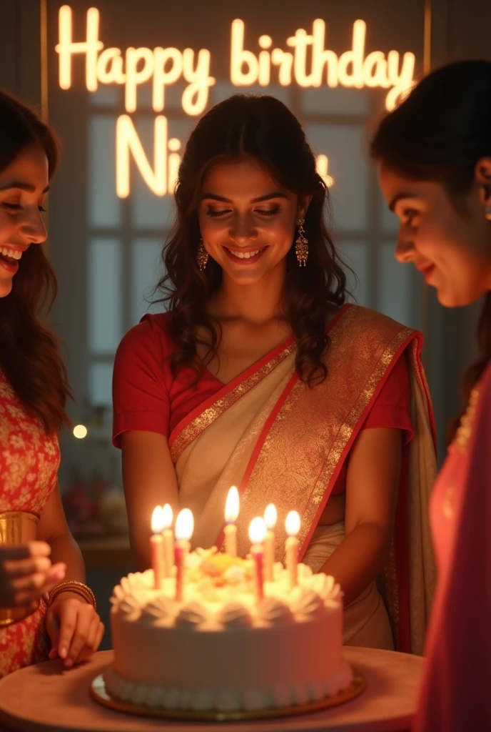 23 year old Girl celebrating birthday, "Happy birthday Nishu" written, wearing saree, cutting cake, seeing to viewers