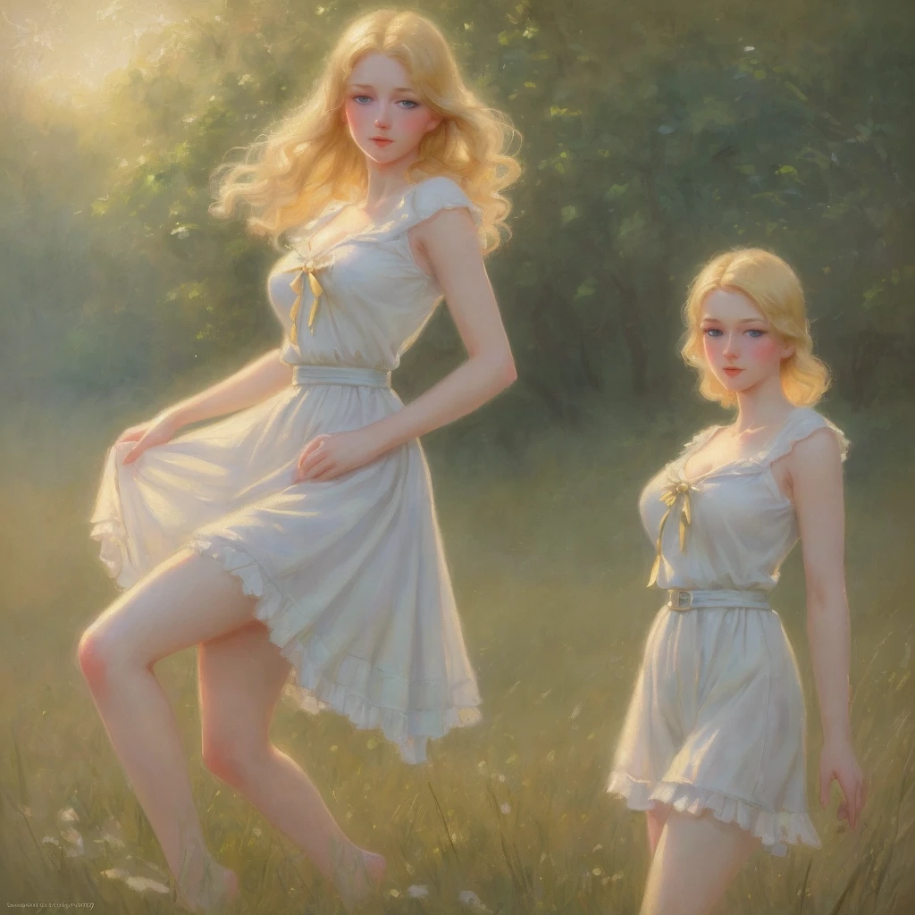 girl, 3個girl, blond, Green eyes, 1930s style, high quality, full-body shot, 17 years old, Big breasts, Long legs and height 170 , Sailor Suit, Standing on the grassland with waist exposed, blue sky , delicate eyes, Delicate lips, Extremely detailed face, long eyelashes, Elegant, beautiful, beauty, charming, Exquisite, oil painting, Digital painting, Realism, 8k, best quality, masterpiece, HDR, bright colors, movie lighting, Soft Focus, warm colors, dream, romantic, femininity