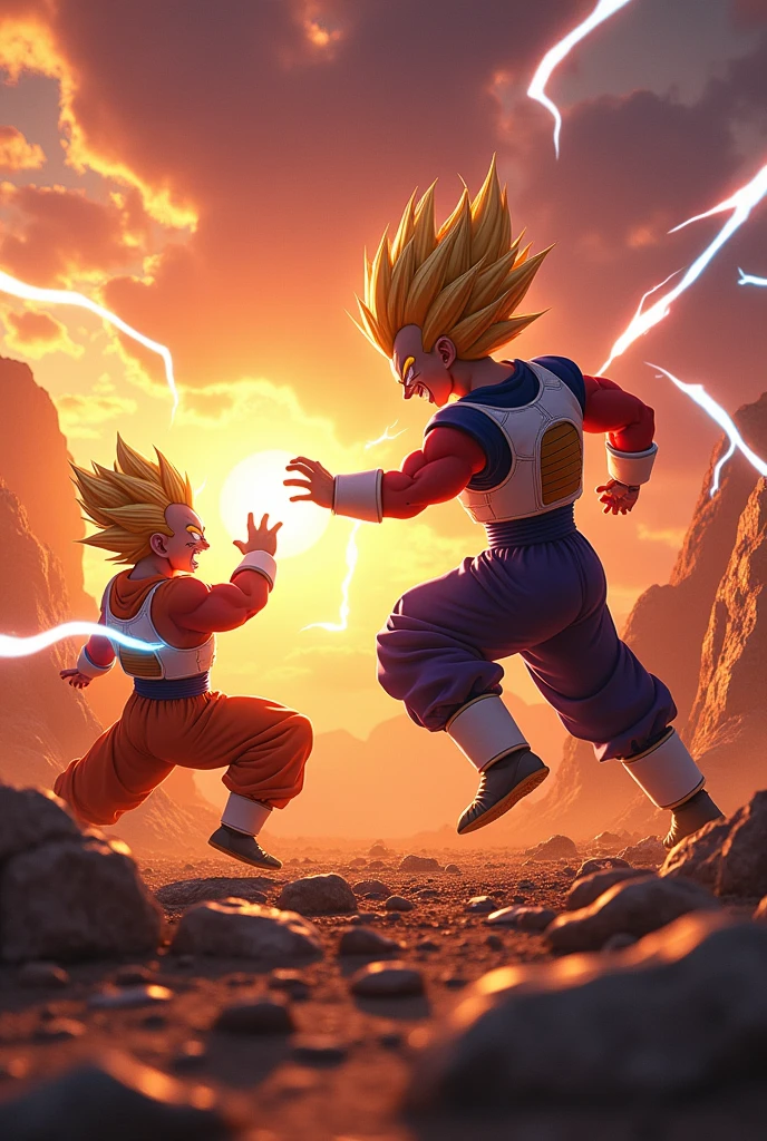 A dynamic action shot of Vegeta battling Freeza in a rocky wasteland, with energy blasts illuminating the scene, fierce determination on Vegeta's face, and Freeza’s sinister smile as he dodges the attacks, during a dramatic sunset casting long shadows and vibrant orange hues across the landscape, shot with a Sony A7R IV, using a 28mm lens, high contrast with vivid colors