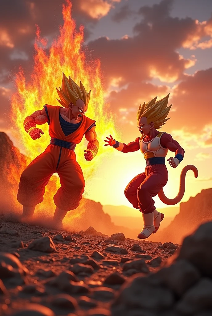 A dynamic action shot of Vegeta battling Freeza in a rocky wasteland, with energy blasts illuminating the scene, fierce determination on Vegeta's face, and Freeza’s sinister smile as he dodges the attacks, during a dramatic sunset casting long shadows and vibrant orange hues across the landscape, shot with a Sony A7R IV, using a 28mm lens, high contrast with vivid colors