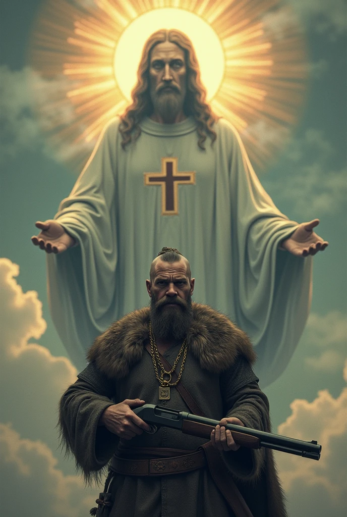 mustachioed viking with crucifix around his neck, shotgun in hand, and an orthodox icon of jesus and above him, Jesus in place of the sun very grand