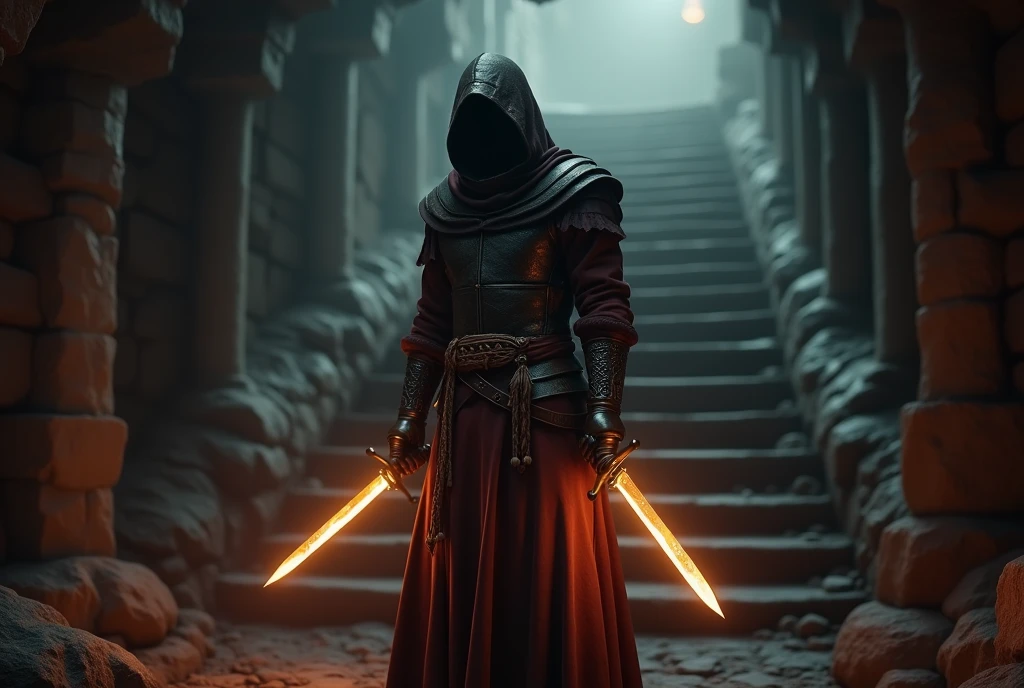 (masterpiece:1.2), (best quality:1.2), 8k, HDR, ultra detailed, ((photorealistic)), professional light, cinematic lighting, fashion photography, ambient lighting, background, a dark medieval dungeon, Darkness, epiCPhoto, fire, stairs, A thief in cloth armor, holding golden dagger in each hands.
