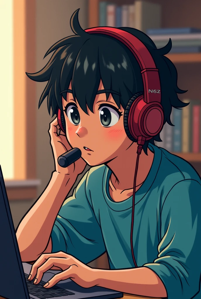 A young man with headphones that has an anime microphone, speaking for , looking at a laptop, no estilo de quarto player, animated color photos, Masami Teraoka, player, Paulo Gauguin, Embry Style, honest portrait,
