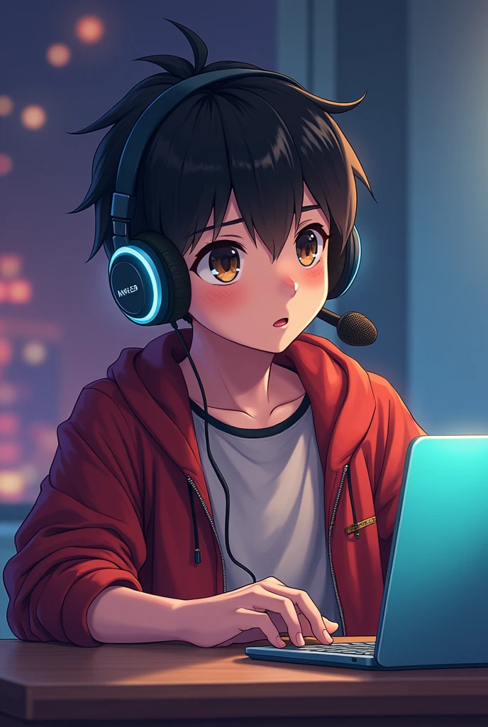 A young man with headphones that has an anime microphone, speaking for , looking at a laptop, no estilo de quarto player, animated color photos, Masami Teraoka, player, Paulo Gauguin, Embry Style, honest portrait,