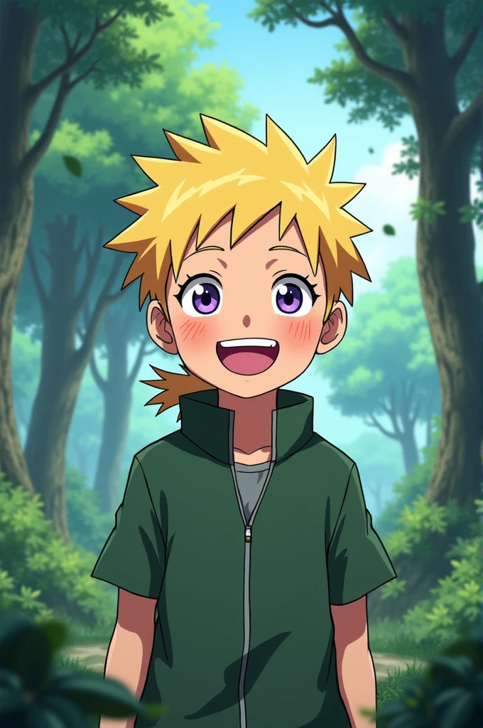 A 12-year-old boy with blond hair tied back in a ponytail, purple eyes, that he is smiling and in the background a forest.
Screenshot in the style of the anime Naruto