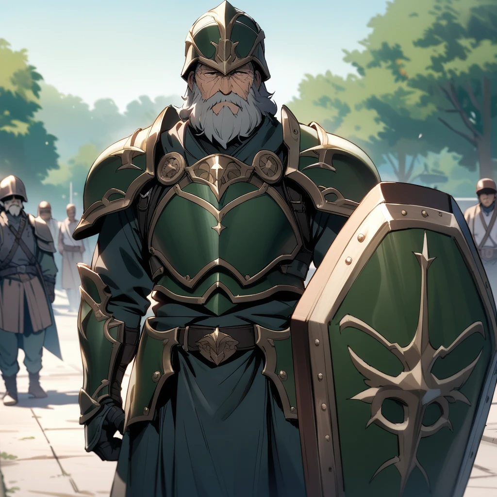 (masterpiece),(best quality),very aesthetic,solo,1 old man,Gray-haired, bearded old man,Sober face in the style of mob characters,(expressionless),Armor of the Legendary Heroes,sword of the Legendary Heroes,shield of the Legendary Heroes,helmet,school ground,high school,standing,outdoors