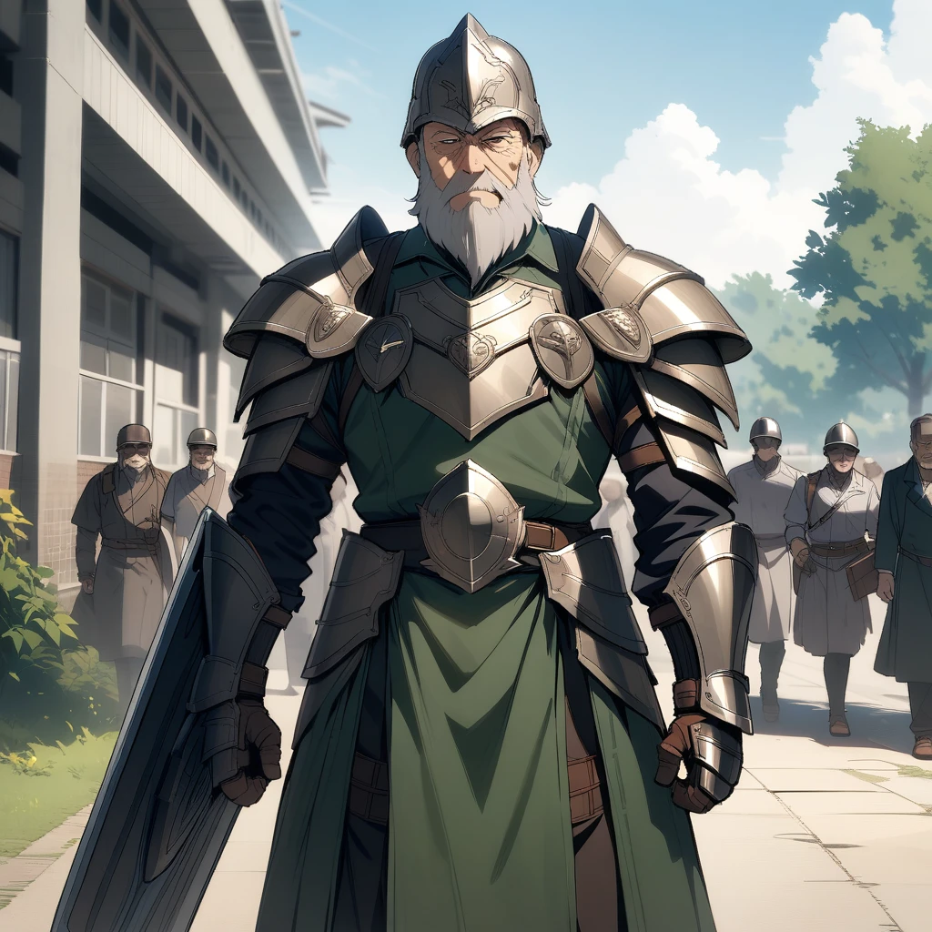 (masterpiece),(best quality),very aesthetic,solo,1 old man,Gray-haired, bearded old man,Sober face in the style of mob characters,(expressionless),Armor of the Legendary Heroes,sword of the Legendary Heroes,shield of the Legendary Heroes,helmet,school ground,high school,standing,outdoors
