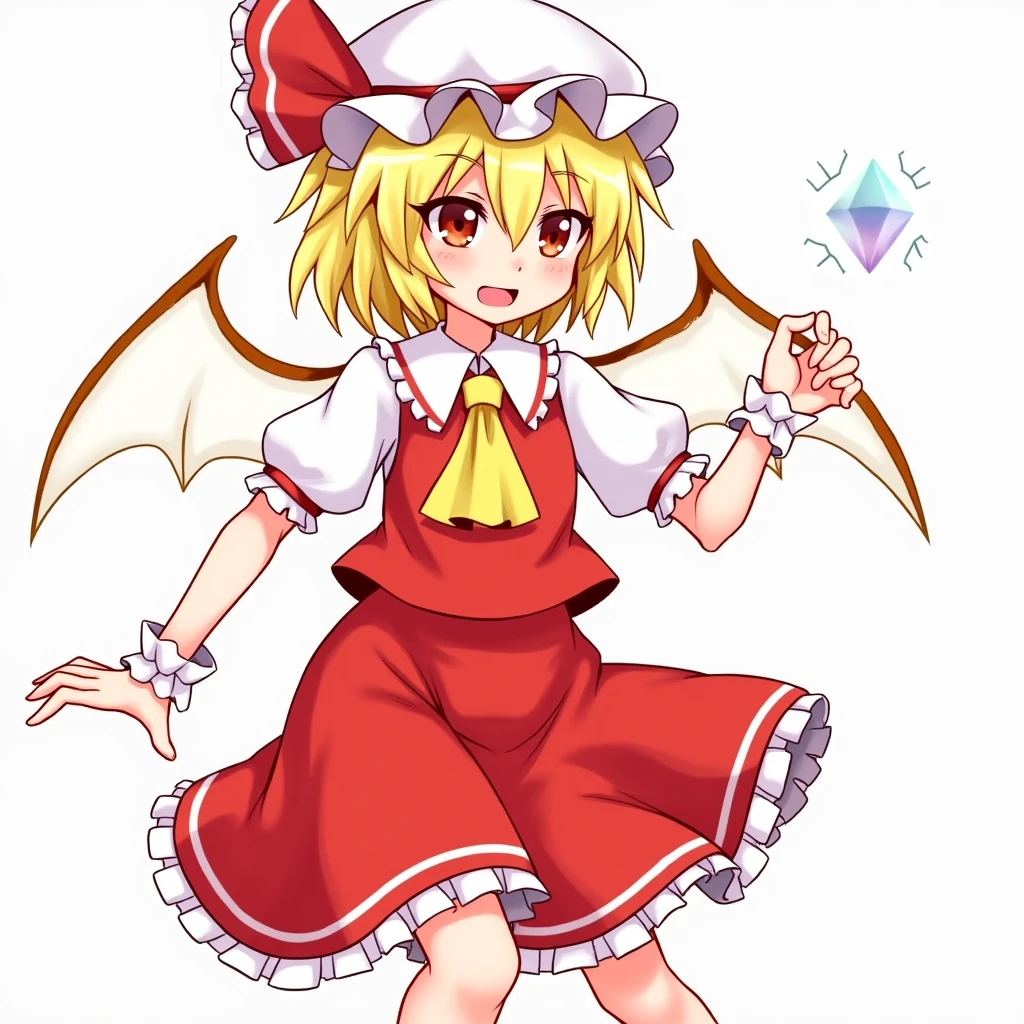 1girl, flandre scarlet (touhou), red eyes, short hair, medium hair, blonde hair, one side up, red eyes, slit pupils, fang, wings, crystal, white headwear, mob cap, red vest, white shirt, collared shirt, frilled shirt collar, yellow ascot, puffy short sleeves, frilled sleeves, wrist cuffs, red skirt, skirt set, frilled skirt, red ribbon, hat ribbon, back bow, white bow, (white socks:1.5)