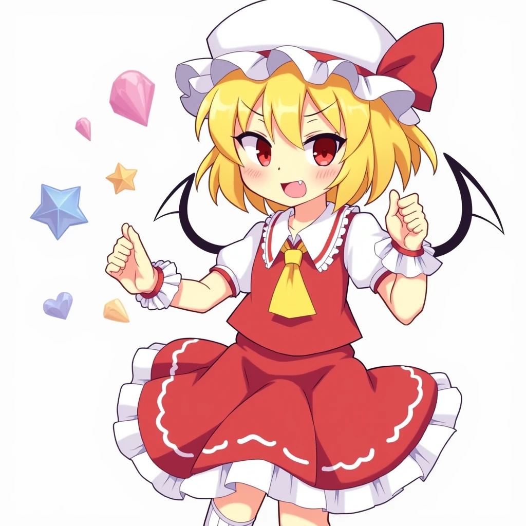 1girl, flandre scarlet (touhou), red eyes, short hair, medium hair, blonde hair, one side up, red eyes, slit pupils, fang, wings, crystal, white headwear, mob cap, red vest, white shirt, collared shirt, frilled shirt collar, yellow ascot, puffy short sleeves, frilled sleeves, wrist cuffs, red skirt, skirt set, frilled skirt, red ribbon, hat ribbon, back bow, white bow, (white socks:1.5)