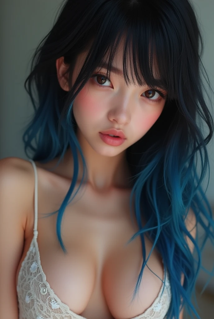 Girl, black and blue hair, Brown eyes, naked,huge tits