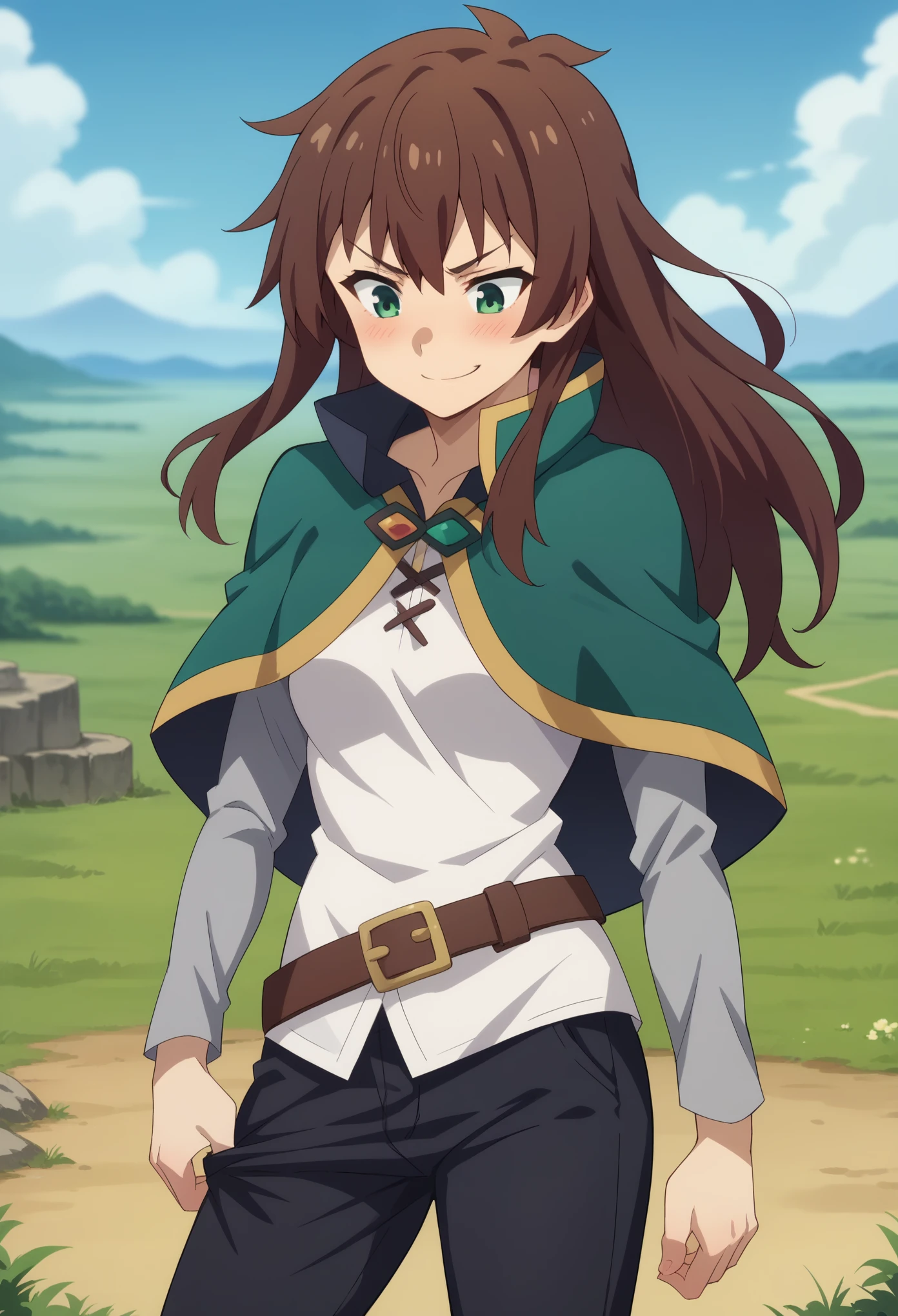 score_9, score_8_up, score_7_up, 1girl, solo, (female:1.5), female focus, female body, kazuma satou, long hair, brown hair, green eyes,shirt, long sleeves, white shirt, belt, black pants, capelet, brown belt, standing, perverted face, smirk, hand on pants, (pants pull), white underwear, blushing, looking down, landscape, centered image,
