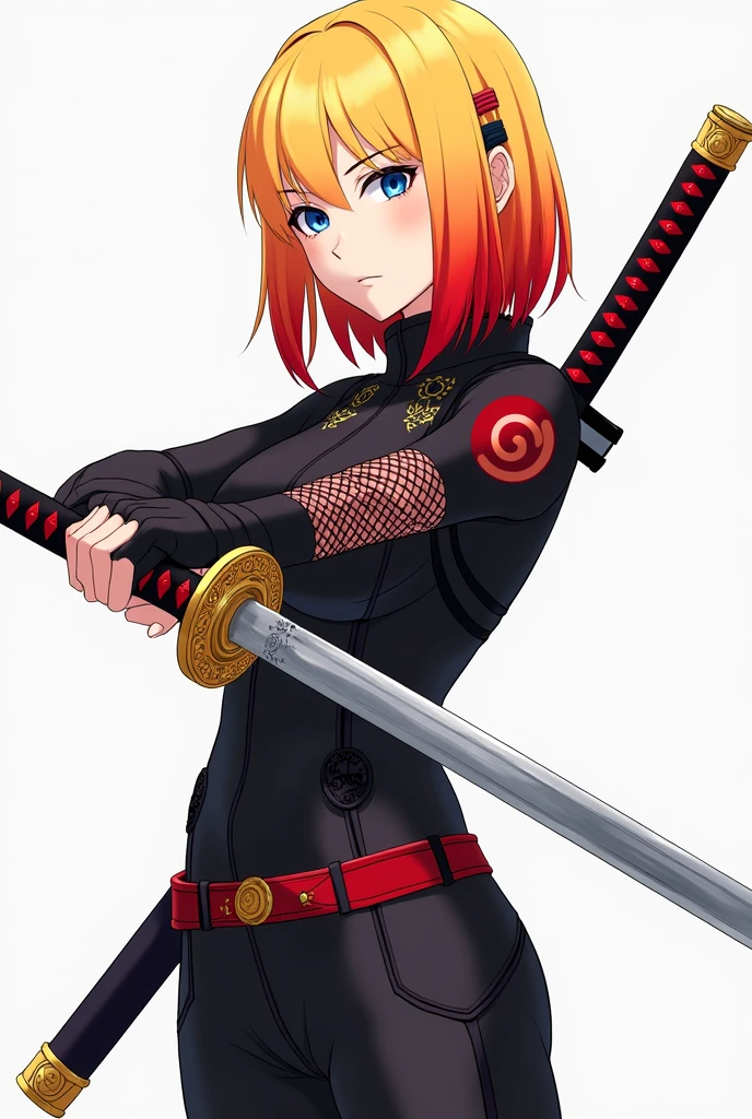 A full-body portrait of a female ninja named Hikari with shoulder-length hair featuring a gradient from bright yellow at the roots to red at the tips. Her hair is styled in a modern way, with bangs slightly falling over her forehead, giving her a youthful and energetic look. Hikari has intense blue eyes. She is wearing a tight-fitting black jacket with red accents, reinforced with straps on her shoulders and mesh fabric around the chest area for protection while maintaining flexibility. The jacket has elegant golden decorations along the edges. On her left arm, she wears a band with the Uzumaki clan symbol, and her hands are covered with black fingerless gloves for better handling of her katana. Hikari wears fitted pants and ninja sandals, ready for combat. She has a small spiral-shaped brooch in her hair in red and black tones, holding part of her hair to one side. She is firmly holding her katana, a sword with a handle wrapped in black fabric with red details, and an ornate guard with gold engravings. The katana features a dial with 12 functions, with the number 11 marked by a special symbol indicating its unique function. The blade is long, sharp, and reflects her expert use in combat.