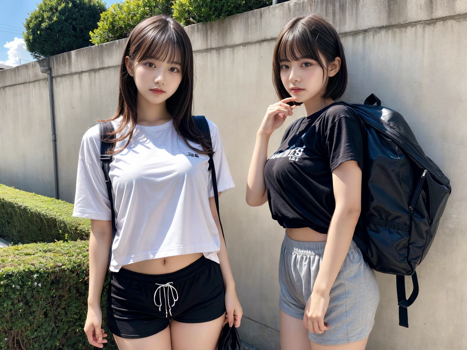 masterpiece, best quality, illustration, Super detailed, fine details, High resolution, 8K,wall paper, perfect dynamic composition,(Details High quality, realistic depiction of eyes:1.3), (2 girls), oversized sport shirt, shorts women, small backpack, short bob hair, black hair color, Big Natural Color Lip, sexy pose, crying a little、Harajuku style、20 year old girl、cute type、lolita, hposing Gravure Idol, full body photo、focus on crotch, huge breasts