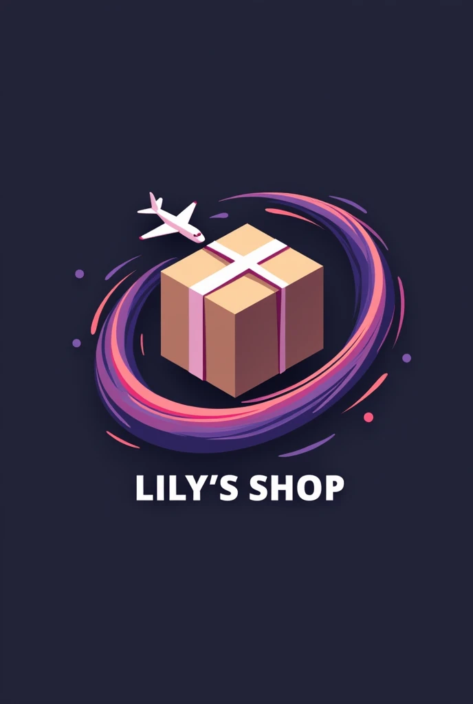 A logo for a company, with a brown package in the middle and an airplane as if it were a ring that goes around the package several times, and a little below the tweet that says LILY&#39;S SHOP, and the trail of the plane in purple with pink mixed and intense colors
