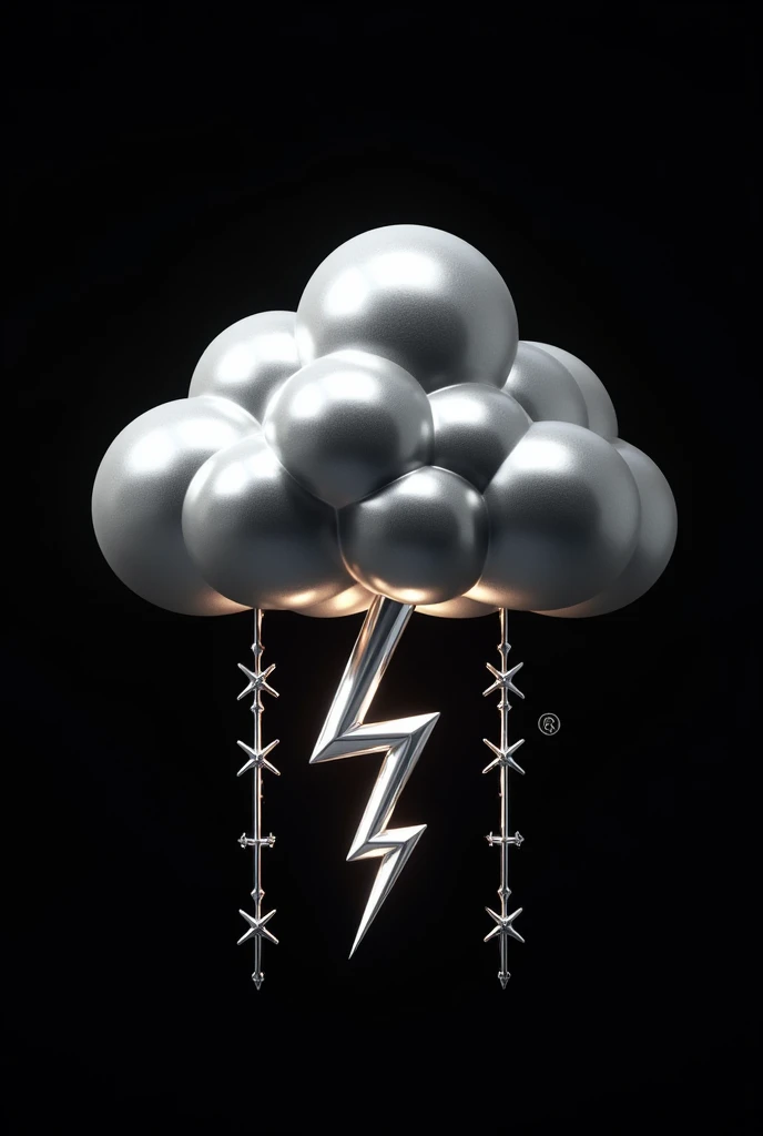 Create a chrome 3D cloud with chrome lightning bolts and barbed wires. The background must be completely black