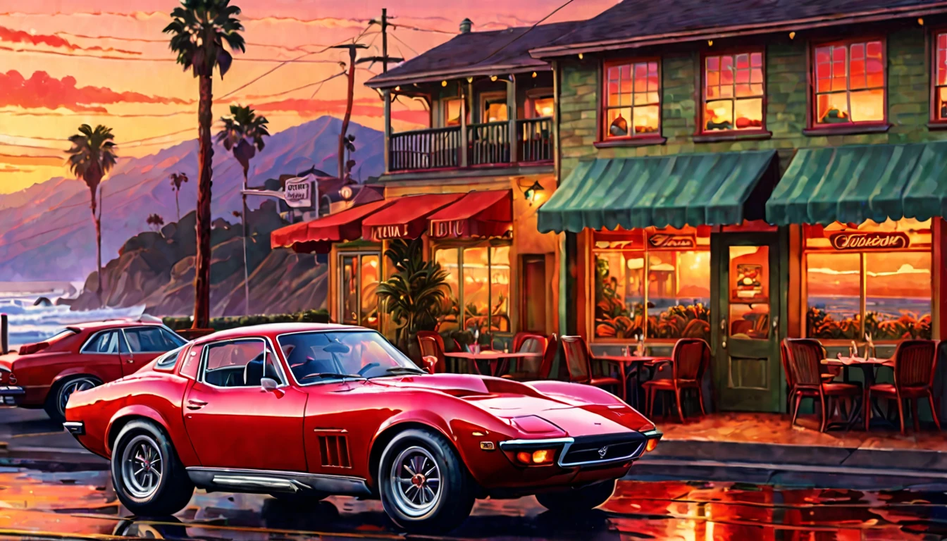 Historical masterpieces,Sunset in California, USA,A picture of a red sports car parked in front of a restaurant, Beautiful artwork, OutRun art style, Beautiful digital art, Great art style, Retro style, Landscape Background,, Highly detailed digital painting,Watercolor style, super Realistic painting style, Detailed 4K painting, Realistic painting style, Awesome Wallpapers