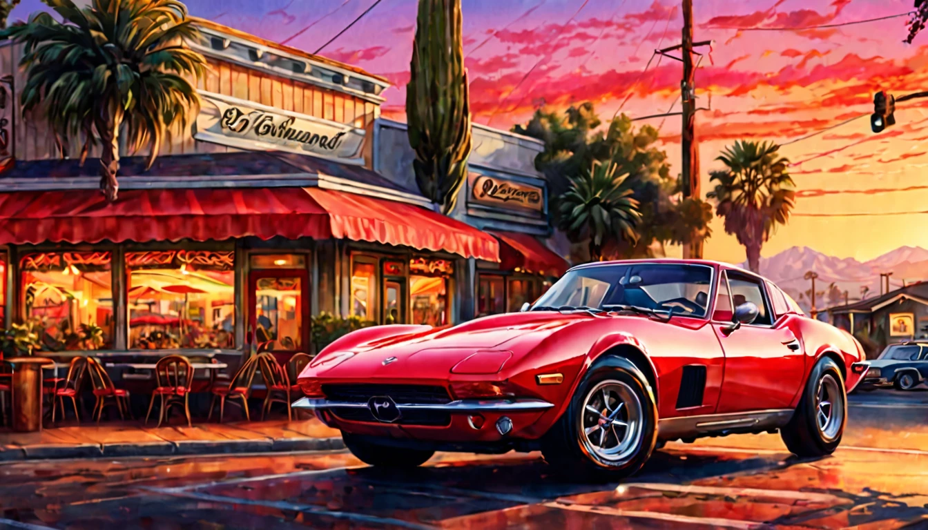 Historical masterpieces,Sunset in California, USA,A picture of a red sports car parked in front of a restaurant, Beautiful artwork, OutRun art style, Beautiful digital art, Great art style, Retro style, Landscape Background,, Highly detailed digital painting,Watercolor style, super Realistic painting style, Detailed 4K painting, Realistic painting style, Awesome Wallpapers