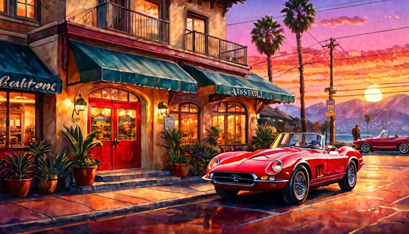 Historical masterpieces,Sunset in California, USA,A picture of a red sports car parked in front of a restaurant, Beautiful artwork, OutRun art style, Beautiful digital art, Great art style, Retro style, Landscape Background,, Highly detailed digital painting,Watercolor style, super Realistic painting style, Detailed 4K painting, Realistic painting style, Awesome Wallpapers