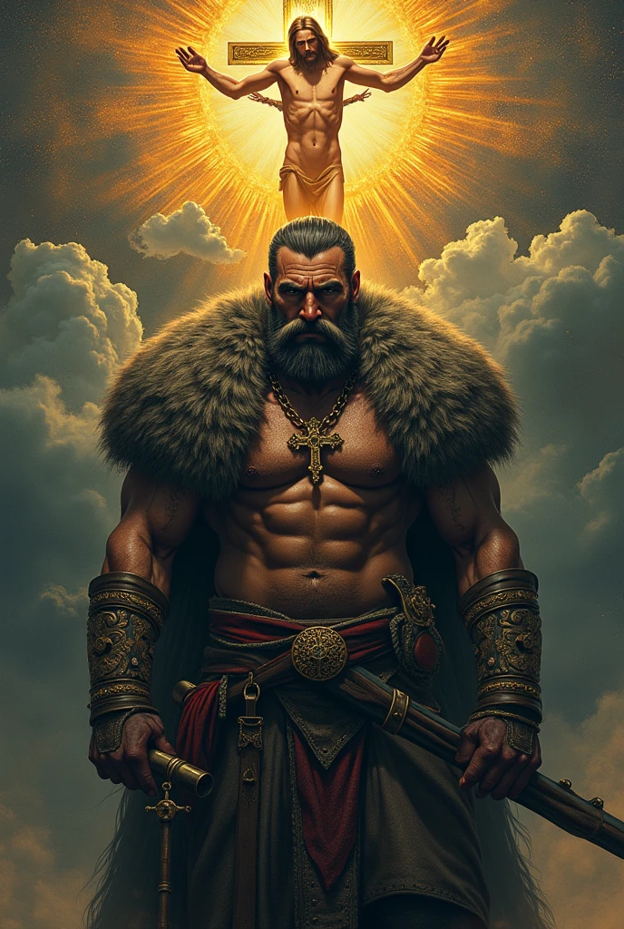 mustachioed viking with crucifix around his neck, shotgun in hand, and an orthodox icon of jesus and above him, Jesus in place of the sun very grand, Jesus with the wounds