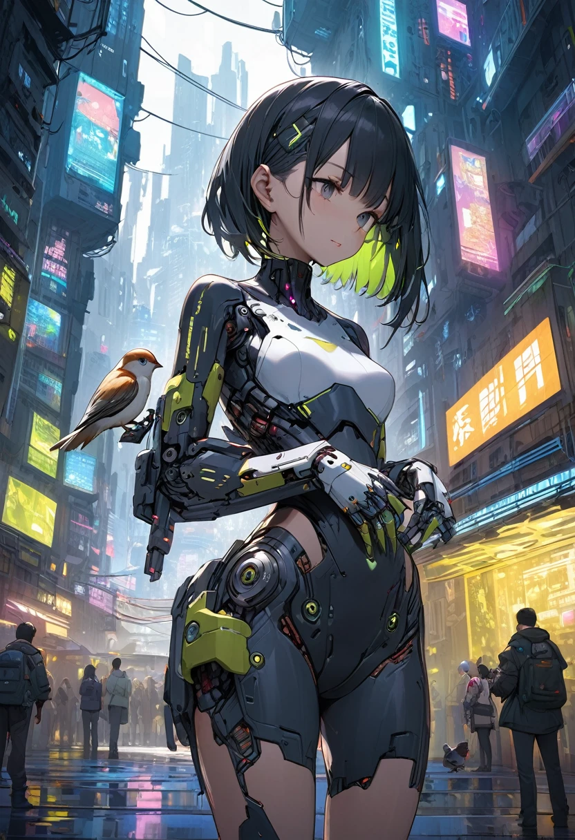 Very detailed、whole body、Petting a small bird、Cyberpunk City Park、Cyborg Girl、Medium chest、