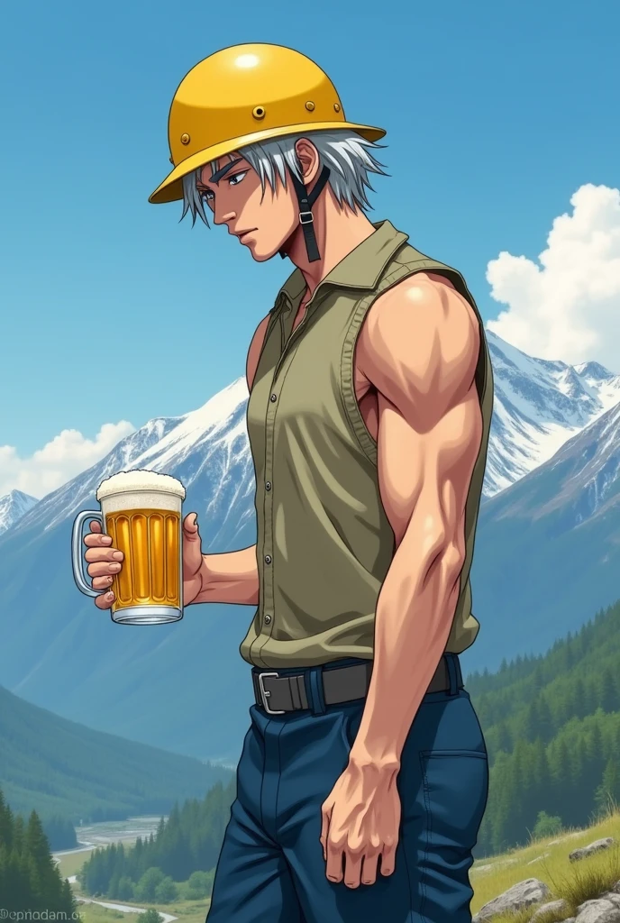 Fantastic realistic illustrations。
He is trying to defecate by sticking his butt out.。A young Japanese man wearing a yellow helmet。Thick eyebrows。His face looks like a beautiful woman's。Silver hair that reaches down to the shoulders。The arm muscles are amazing。Wearing a khaki vest。Wearing navy blue trousers。He is about to drink beer from the mug he is holding in one hand。
Behind it is a magnificent mountain range.。Fantastic blue sky。
