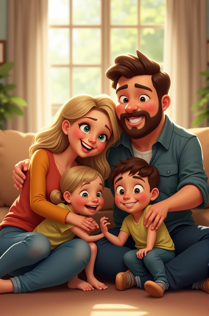 A family of 4 people, a blonde mom, an 8 year old girl, a 2 year old boy and a chubby dad, with his self-lead.