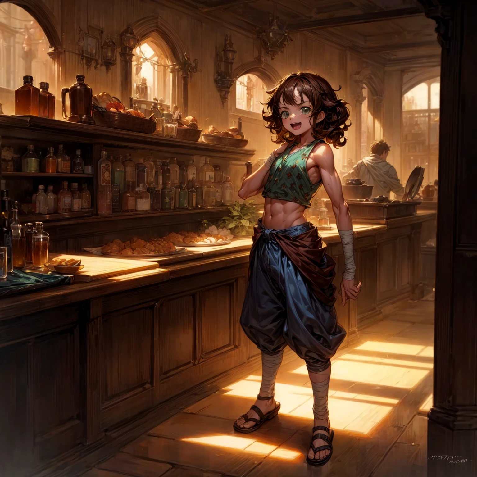 Solo character, full body version, ??? boy, big muscle, big torso, green eyes, brown hair, long hair, bob hair, Curly hair, casual clothing, short pants, bandage, Sleeveless, sandals, indoor, bar, village, medieval, morning, standing gesture, detailed background, detailed clothing, detailed hair, happy eyes, open mouth, (one piece style art)