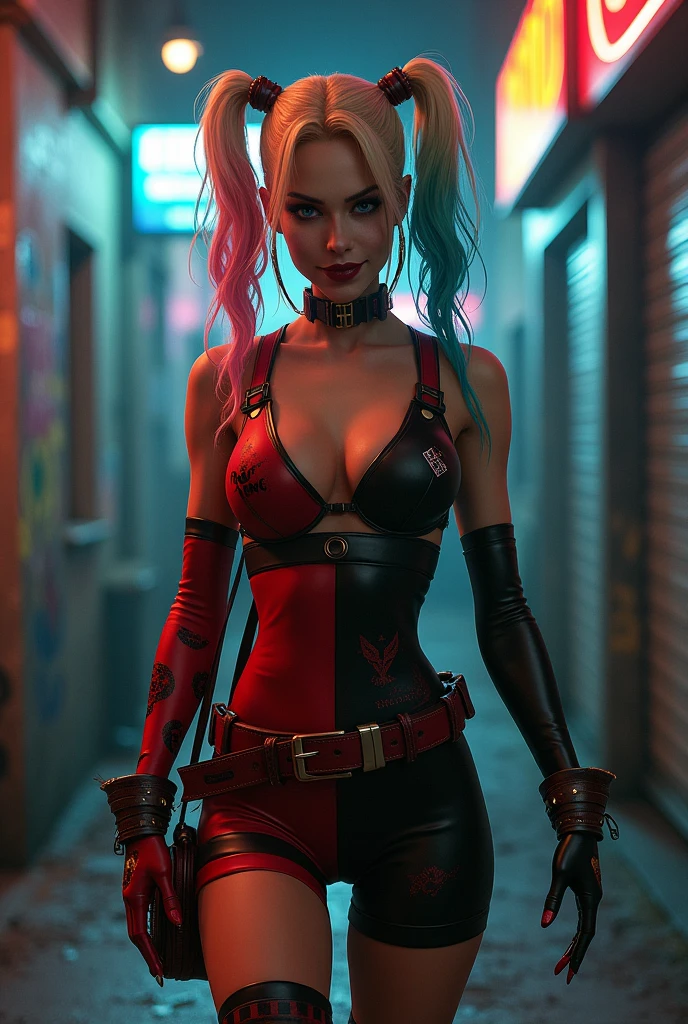 (Harley Quinn:1.5) (blonde hair in pigtails:1.3), blue eyes, detailed eyes, detailed lips, (sexy, sensual,chaotic, full body:1.5), (urban street at night with neon lights, Gotham cityscape:1.3), night photo, (photo from many different angles:1.5), red and black outfit with diamond patterns, baseball bat, white face makeup with a mischievous smile, black boots, ray tracing, (best quality, 4k, 8k, highres, masterpiece:1.2), ultra-detailed, (realistic, photorealistic, photo-realistic:1.37), HDR, UHD, masterpiece, professional, vivid colors, bokeh, studio lighting. A beautiful woman with a slender, athletic build and a playful yet dangerous demeanor. She has a toned, agile body that reflects her acrobatic skills and unpredictability. Blonde hair styled in pigtails, with the ends dyed in contrasting colors (typically red and blue). The hair should have a playful, slightly messy look. Striking blue eyes that convey mischief and intensity. The eyes should be detailed, with a slight sparkle to reflect her chaotic nature. Detailed and full, often with a bright red lipstick that adds to her iconic look. Red and Black Outfit: A form-fitting outfit with diamond patterns, designed to be both functional and stylish. The outfit should highlight her athletic build and playful personality. A wooden baseball bat held in her right hand, ready for action. The bat should have a worn, detailed texture with graffiti or markings.White face makeup with a mischievous smile, adding to her clown-like appearance. The makeup should be detailed and slightly smudged to reflect her chaotic lifestyle. Knee-high black boots that are both practical and stylish, completing her iconic look. The boots should have a slight shine and detailed stitching.
Urban Street at Night: The background features an urban street bathed in the soft light of neon signs and city lights, with Gotham’s gritty atmosphere creating a dramatic setting. The street should have various urban elements, such as graffiti, trash cans