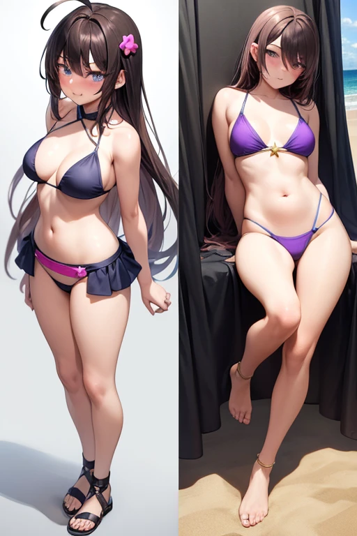 ((best quality)), ((masterpiece)), (detailed), 4 girls, a girl, full body, 20 years old, young adult, happy face, smile, young adult, tall, blue eyes, long blonde hair, hair ornaments, star hair ornaments, bangs, big breasts, sexy purple bikini, bikini with stars, seductive legs, a girl, full body, 20 years old, young adult, surprised face, young adult, tall, green eyes, short pink hair, bangs, medium breasts, sexy blue bikini, seductive legs, sexy legs, a girl, full body, 19 years old, angry face, young adult, somewhat short stature, purple eyes, brown hair, slightly wavy hair, long hair, bangs, blush, very small breasts, sexy white bikini with skirt, seductive legs, a girl, full body, , young adult, embarrassed face, tall, gray eyes, long hair white, spiky hair, ahoge, bangs covering her right eye, very small breasts, flat chest, sexy black bikini, seductive legs, beach background, looking at me, anime