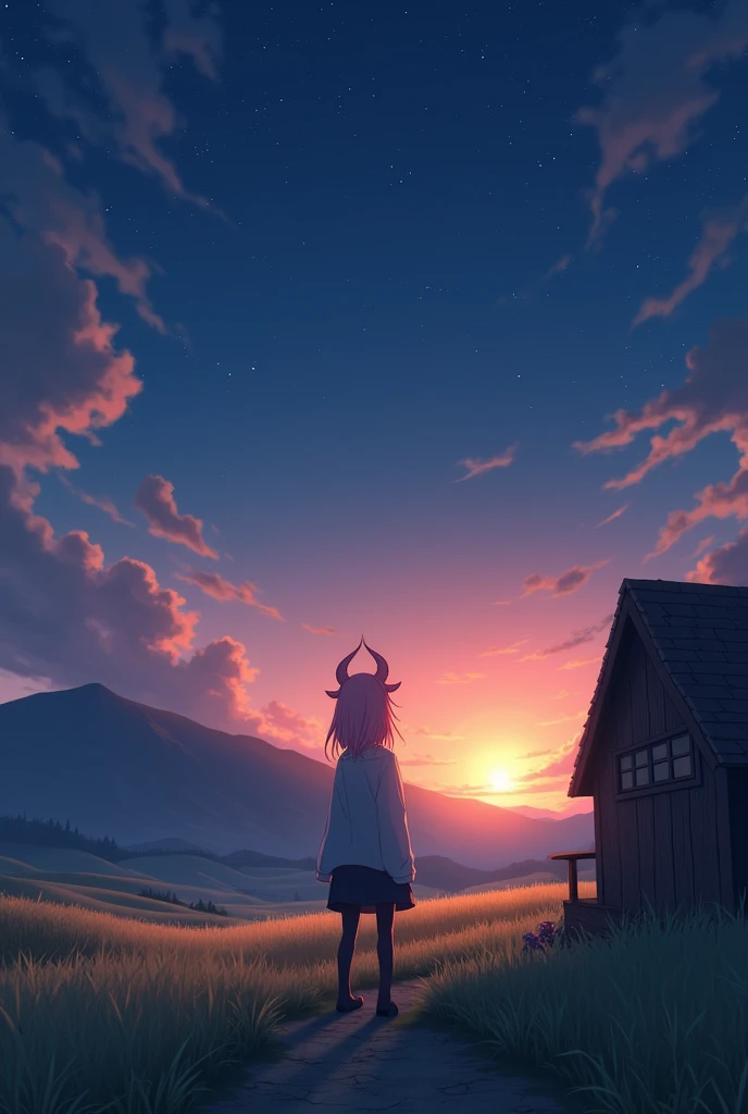 An afternoon sky full of stars with the sun almost setting below in the field half mountain with a little wooden house on the side and an adult zero two looking up near the little wooden house.