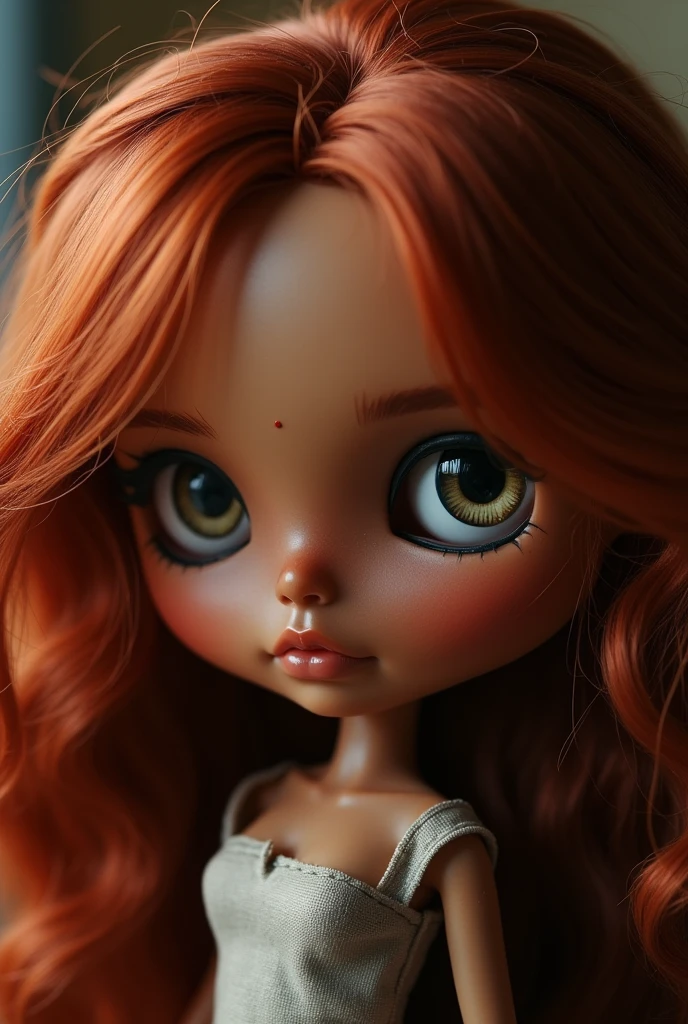 Blythe doll with dark brown skin,  dark burnt red hair, eyes with black pupils, thin lips and mole under the lip almost on the jaw on the left side.