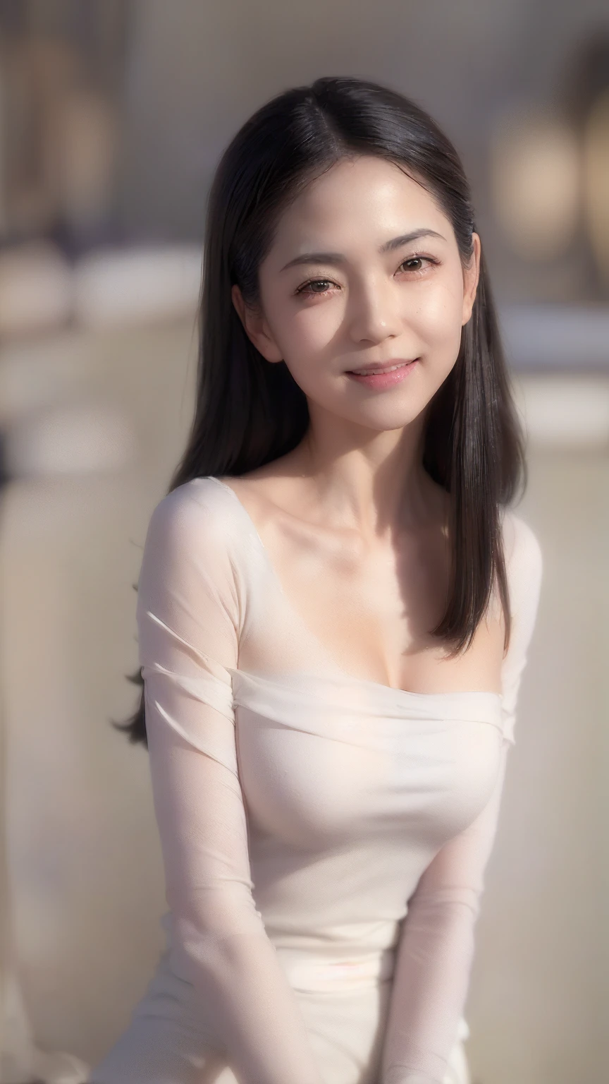 ((Highest quality, 8k, Ultra-high resolution)), ((masterpiece: 1.3)), (Perfect appearance), (Photorealism: 1.6), (JMA), (Who), (TI), (Portrait of a mature Japanese woman), (Blurred Background: 1.8), (sunny day in a park), (Woman standing in the shade), ((Look here)), ((Realistic skin texture)), (Fine wrinkles appear all over the skin, Dullness, Unmoisturized skin, Wrinkles around the eyes, double eyelid, Lower eyelid tear sulcus, Dimples, corner of the eye, Thin eyebrows), Slightly parted lips, Smiling Kindly, (Plain, Round neck, dolman sleeves, Chiffon shirt: 1.2), (Slimming body), (Small breasts), (Tight long skirt),