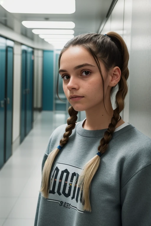 portrait of S232_MarieTomas,a gorgeous woman,in an (elevator),wearing a (crewneck:1.1),(pigtails),(soft-light:1.1),(8k, RAW photo, best quality, depth of field, ultra high res:1.1),(absurdres, intricate, photorealistic, masterpiece, ultra-detailed:1.2),