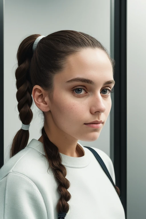 portrait of S232_MarieTomas,a gorgeous woman,in an (elevator),wearing a (crewneck:1.1),(pigtails),(soft-light:1.1),(8k, RAW photo, best quality, depth of field, ultra high res:1.1),(absurdres, intricate, photorealistic, masterpiece, ultra-detailed:1.2),