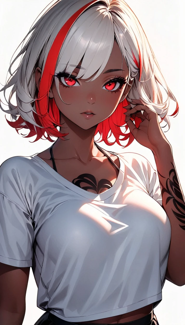(highest quality:1.2, Very detailed, up to date, Vibrant, Ultra-high resolution, High Contrast, masterpiece:1.2, highest quality, Best aesthetics), Portraiture、girl, (solo), singer、Rock Music、medium wave hair、(red hair and white hair:1.3), ((streaked hair:1.6)), highlights hair: 1.5, red eyes, slim body, medium breast, (tan skin:1.1), shaded face, Bright colors、Beautiful fine details、Beautiful lip detail、Edgy Style、(black Skirt-style-bikini:1.3)、loose fit, standing, (from front:1)、vocal, (Floral Fineline tattoo design on left arm:1), ((Plain white background:1.6)), lineart, ((monochrome:1.7)), (upper body:1.5), clean line drawings,