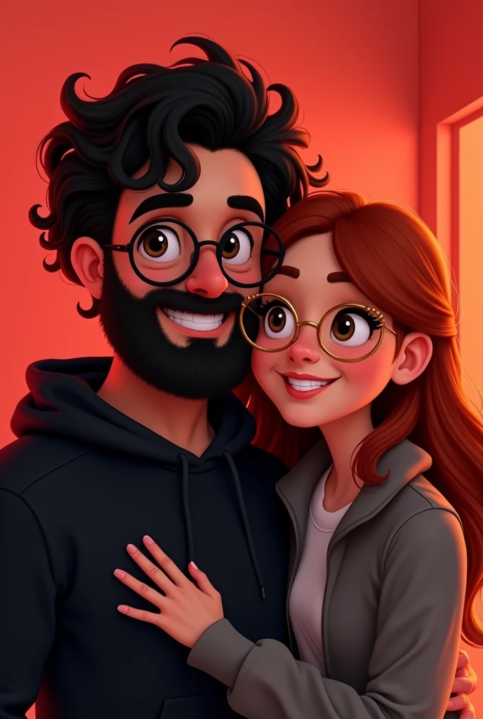 Disney Pixar illustrated cover. Man with oval face, curly black hair , with long beard, He wears round black glasses and is wearing a black sweatshirt. He is on the left side and she is on the right side. The woman has chubby cheeks., redhead straight thick hair, wears gold glasses, She is wearing a grey jacket. They smile while taking a selfie while hugging each other. They are in a red light room. express love.
The selfie is from a low angle