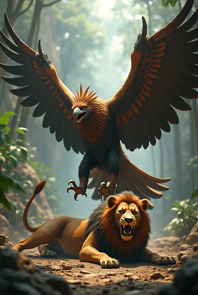 Picture of a Garuda bird killing a lion until it dies lying on the ground, 3d animation