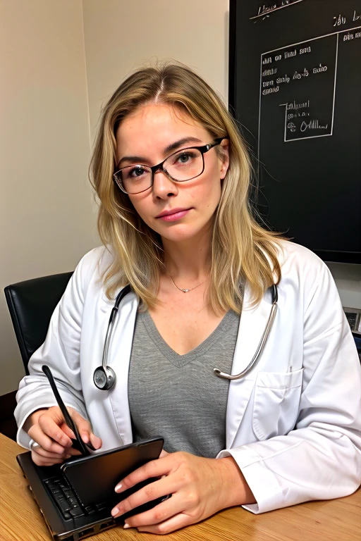"Create an image of a 60-year-old blonde woman. She is wearing thick glasses. The woman has visible acne on her face and has large, well-defined wrinkles on her forehead. She is wearing a white lab coat and sitting at a table. On the table there is a blood pressure monitor, a stethoscope, a glass of water and a laptop computer. On the wall there should be a small frame with a diploma written on it. Her expression should reflect a mixture of wisdom and serenity, despite the acne marks and wrinkles."