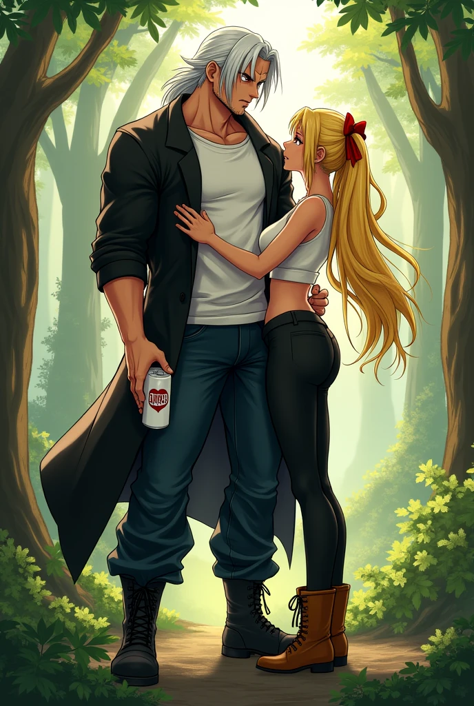 trunks,long straight white hair,Red eyes,semi muscular,scar mark above one of his eyes,White T-shirt,long black jacket,dark blue jean pants,black boots,white saiyajin cola,next to a woman with a female body,long yellow hair tied with a red ribbon,sky blue eyes,white short sleeveless shirt,black pants stuck to his legs,brown boots holding hands romantically in the forest