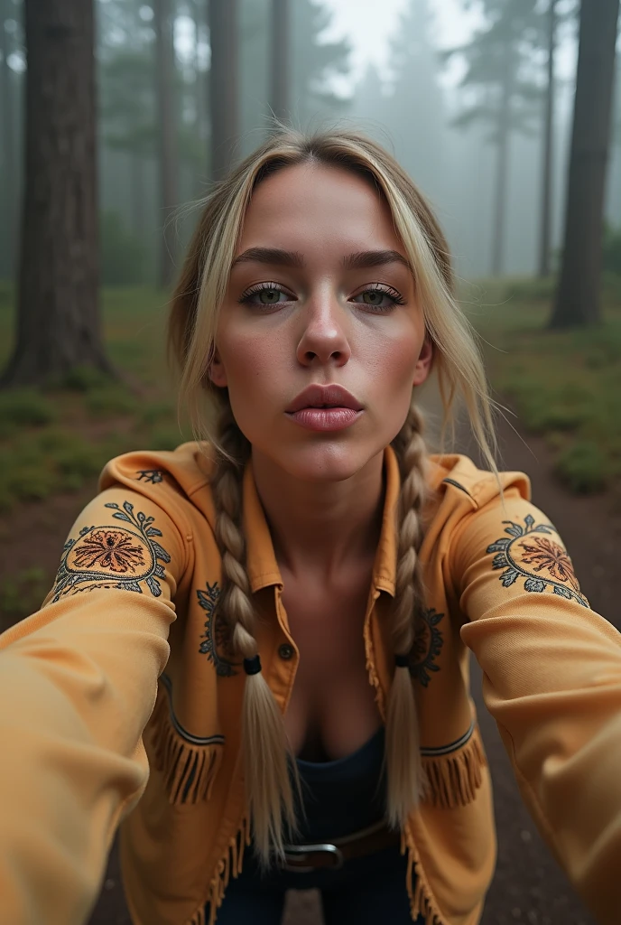 full-length selfie,(top view: 1.4), taken by 30-year-old blonde, an American female country music singer outside, exterior misty foggy pine forest:1.1, off a dirt trail, (misty:1.2 woods), ((she is dressed in tight thirst trap leggings, a fringed retro snap western embroidered long sleeve cowboy collared shirt with rodeo flourishes pattern:1.4)), (vulva shape:0.4),her leggings are tucked into her (luxury exotic cowboy boots:0.5),(high end boots:0.6), comfortable, romantic, ((her tidy blonde hair, braided, twisted and over her ears short hair:0.9)), her hands relaxed, by side, every picture detail captured with the highest quality Leica camera, camera captures every detail and deepens the shadows, she's blowing kisses, arms open welcoming, dimples, scrunched up nose, stunning female, colorful, lovely woman,American, a relaxed moment, realistic photo, (49% of photo is black in drawing:1.4), (detailed fabrics:1.2), (soft warm light:1.7) ,(relaxed intimate photoshoot), cozy relaxed, catching us, beautiful hands, gorgeous soft warm lighting:1.4, ((high contrast)), (deep, darkest shadows), (shadow details:1.3), ((taken using Leica camera, aperture: f/2)) , hyper-realistic skin, pores, scar, mole, relaxed moment, natural light glow, (romantic light:1.2), radiant dark skin, perfect relaxed hands, perfect fingers, a work of art, beautiful composition, golden ratio, contrast, inspiring, (highest quality fabric texture), every detail,Fine facial features – (Highest Quality) ,Leica camera film, High quality ○○ detailed – ○○ details ultra detailed(Ultra-fine ), Photorealistic