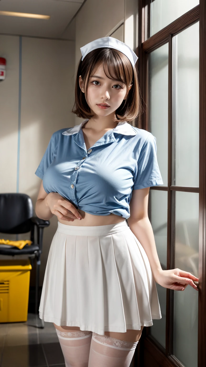 masterpiece, best quality, illustration, Super detailed, fine details, High resolution, 8K,wall paper, perfect dynamic composition,(Details High quality, realistic depiction of eyes:1.3), Hospital Rooms、White nurse cap、White tights、White nurse uniform、standing、Hand skirt、Flipping up a white skirt, large breasts,short bob hair, black hair color, Big Natural Color Lip, bold sexy pose, crying a little、20 year old girl、cute type、beautiful legs, hposing Gravure Idol
